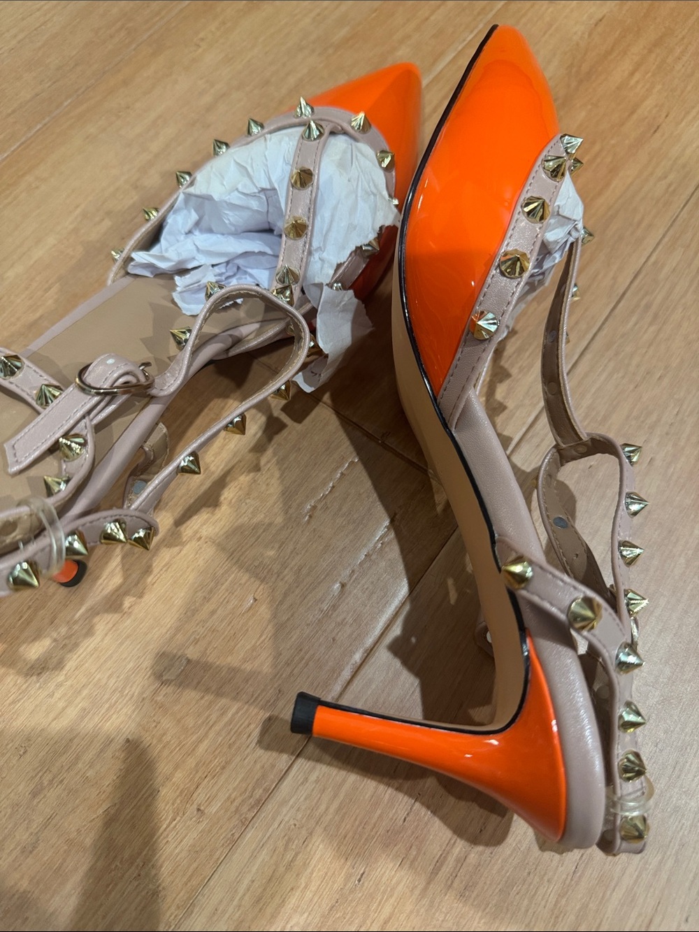 Studded Pointed-Toe T-Strap Flats in Orange and Nude - Picture 2 of 3